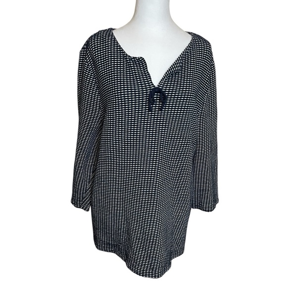 Talbots Plus Navy White Plaid Knit Tunic Top 3X Tie Front‎ Casual Nautical Beach - Picture 2 of 9